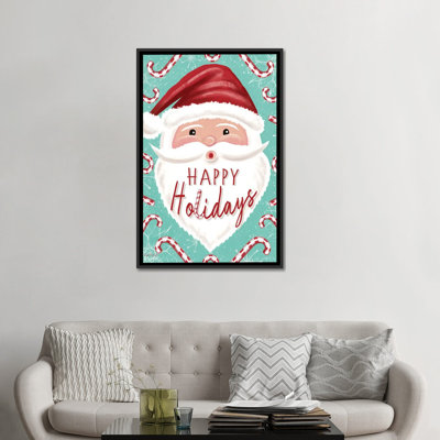 «Happy Holidays Candy Cane Santa», reproduction d'art sur toile encadrée