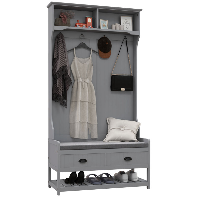 3-in-1 Hall Tree, Entryway Bench With Coat Rack, Mudroom Bench With Shoe Rack, 2 Storage Drawers, 4 Hooks And Padded Seat Cushions For Hallway, Gray