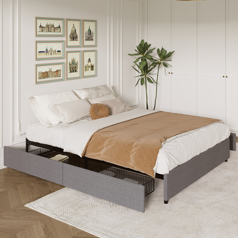 Structure de grand lit, structure de lit plateforme, tissu revêtu de tissu avec 4 tiroirs de rangement, aucun sommier tapissier requis, support de lattes en bois, silencieux, assemblage facile, gris foncé