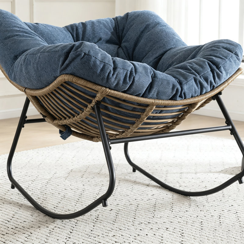 Oversize Egg‑Shaped Wicker Rocking Chair, Papasan Rocker with Thick Soft Fabric Cushion, Powder‑Coated Metal Frame, Anti‑Slip Foot Pads, Indoor Outdoor Rocking Chair for Porch, Balcony, Living Room & Bedroom