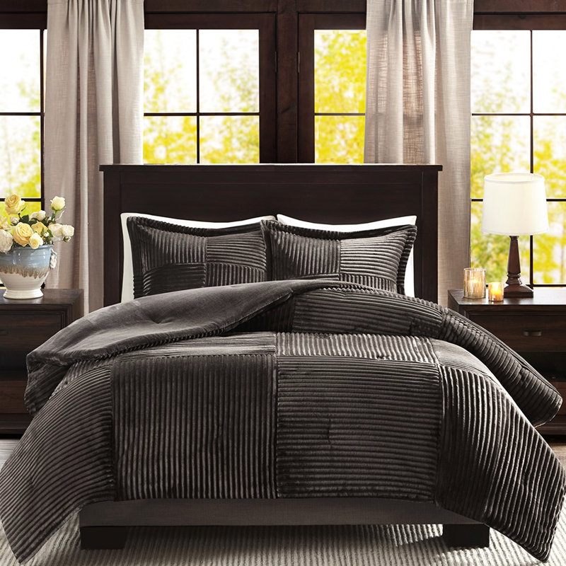 Édredon double / double en duvet synthétique, aspect et sensation côtelés, dossier solide pour le confort du sommeil, avec 2 taies décoratives, lavable à la machine, façade gris-brun, revers, vient