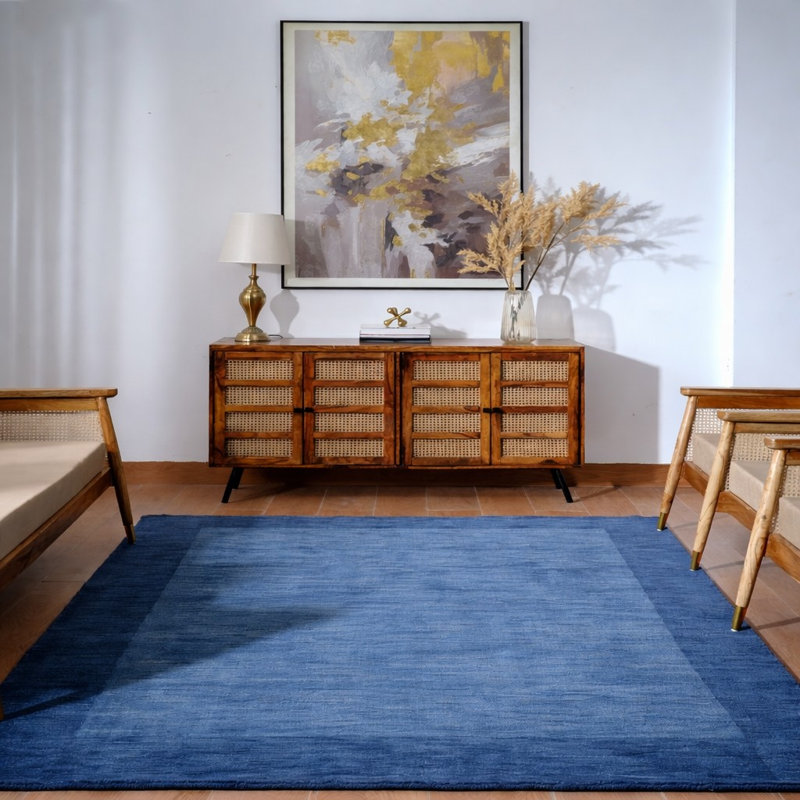 Kenshawn Hand-Knotted Wool Eco-Friendly Area Rug - Square | Blue Color | Contemporary Modern Design | High Pile Thick Handmade Anti Skid Rugs for Living Room