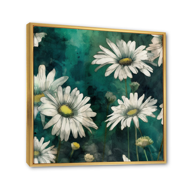 «White Teal Daisy Flower Fusion» sur toile imprimée, Cadre flottant doré, H 24 po x l 24 po x P 1 po