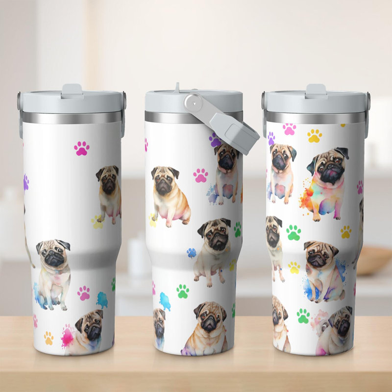Gobelet 30 oz avec couvercle et poignée Gobelets isothermes en acier inoxydable Bouteille d'eau mignonne avec rabat (chien)