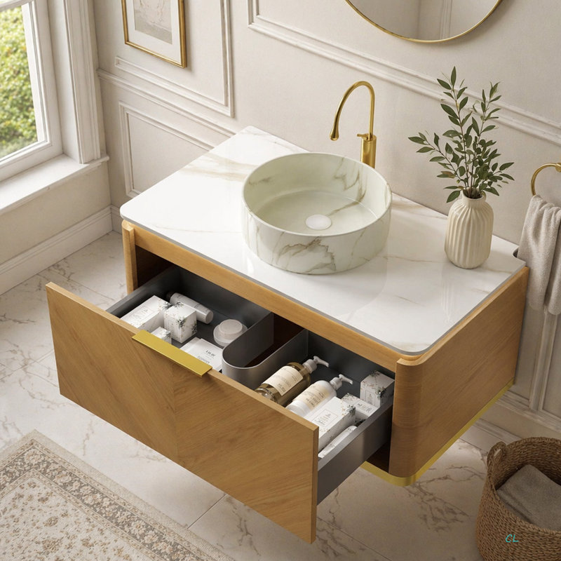 Meuble-lavabo de salle de bain 36 po DIPA, armoire de rangement en contreplaqué flottant, tiroir avec poignée et capteur de lumière, vasque en céramique à motif de pierre et plateau en pierre frittée, pré-assemblé