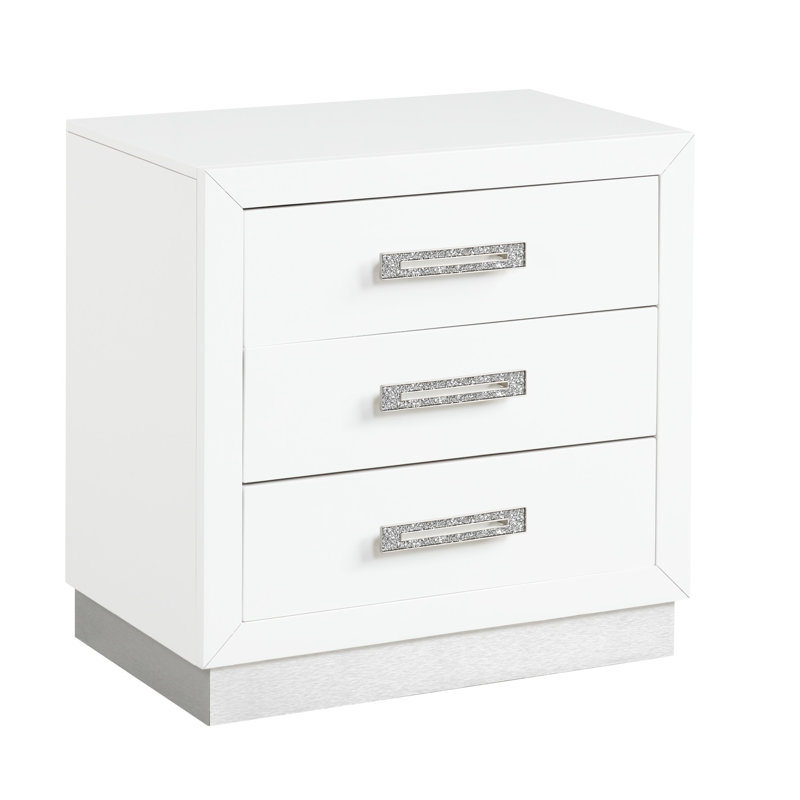 Table de chevet moderne avec quincaillerie décorative en cristal blanche à 3 tiroirs