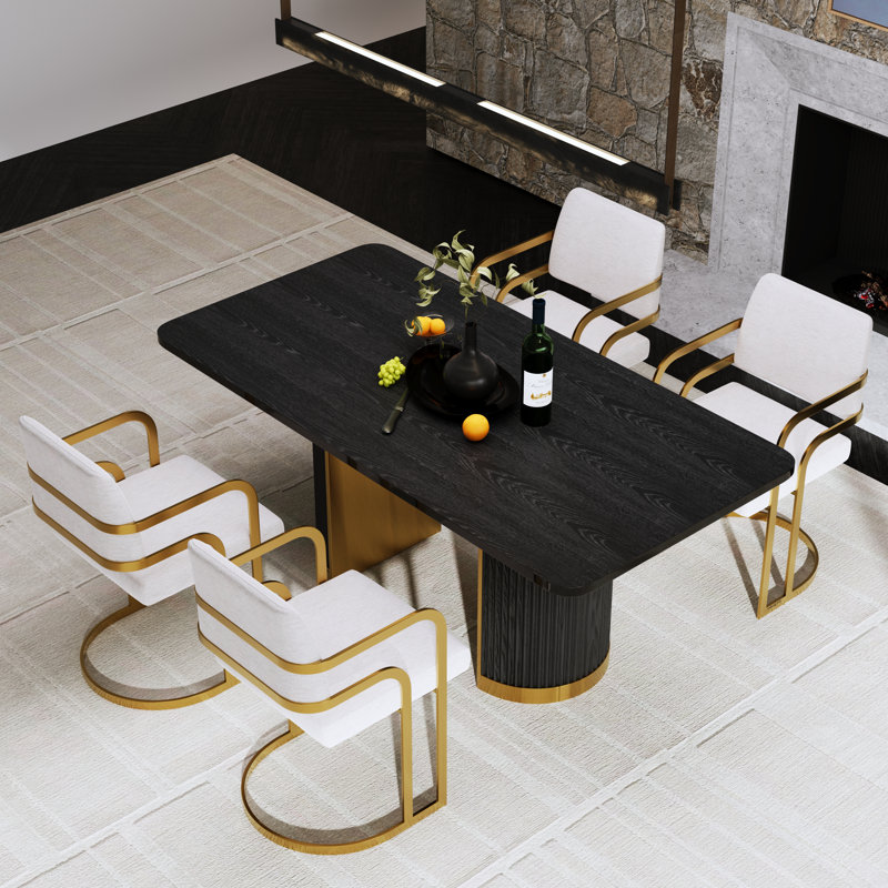 Table de salle à manger 70 pouces en bois de chêne massif noir avec motif cannelé et base en or brossé