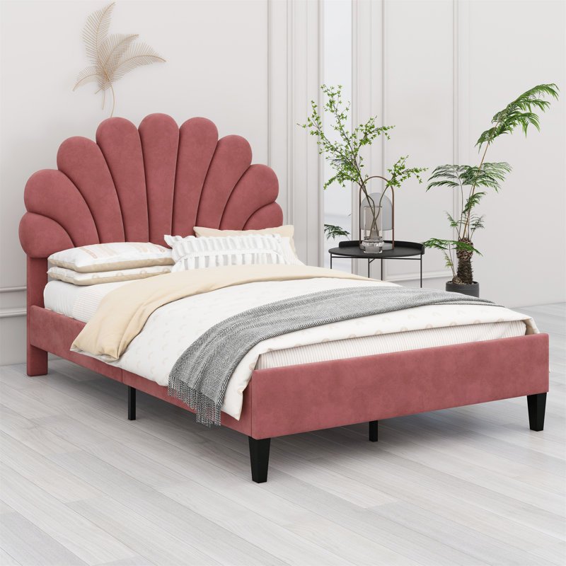 Upholstered Platform Bed With Flower Pattern Headboard