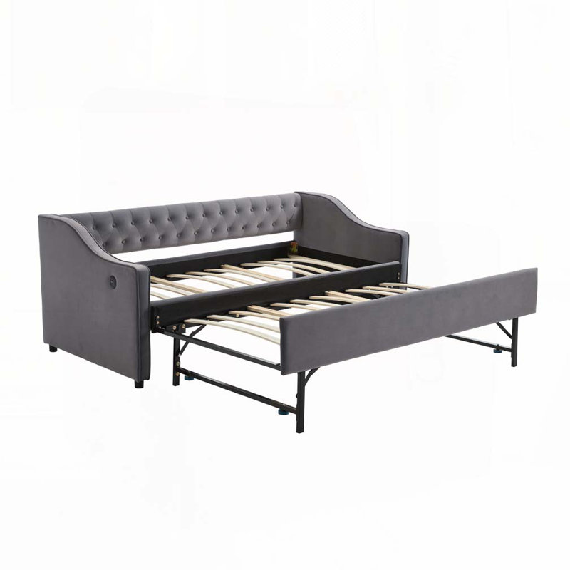 Lit de jour en velours avec couchette, port USB, poches latérales, Gris