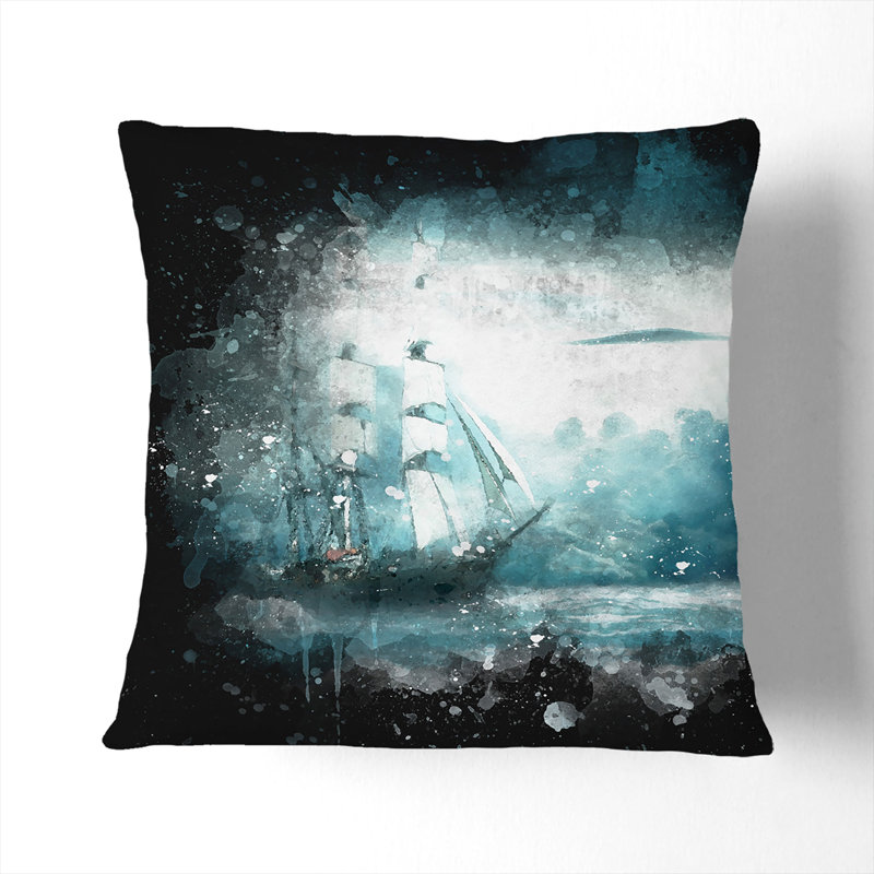 Ship Sailing over a Stormy Sea Cushion with Filling, 55cm H x 55cm W x 20cm D, Black