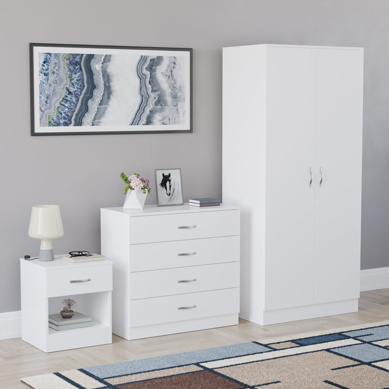 Maybery 3 Piece Bedroom Set (1 Drawer Bedside Cabinet, 4 Drawer Chest, 2 Door Wardrobe), (4), White