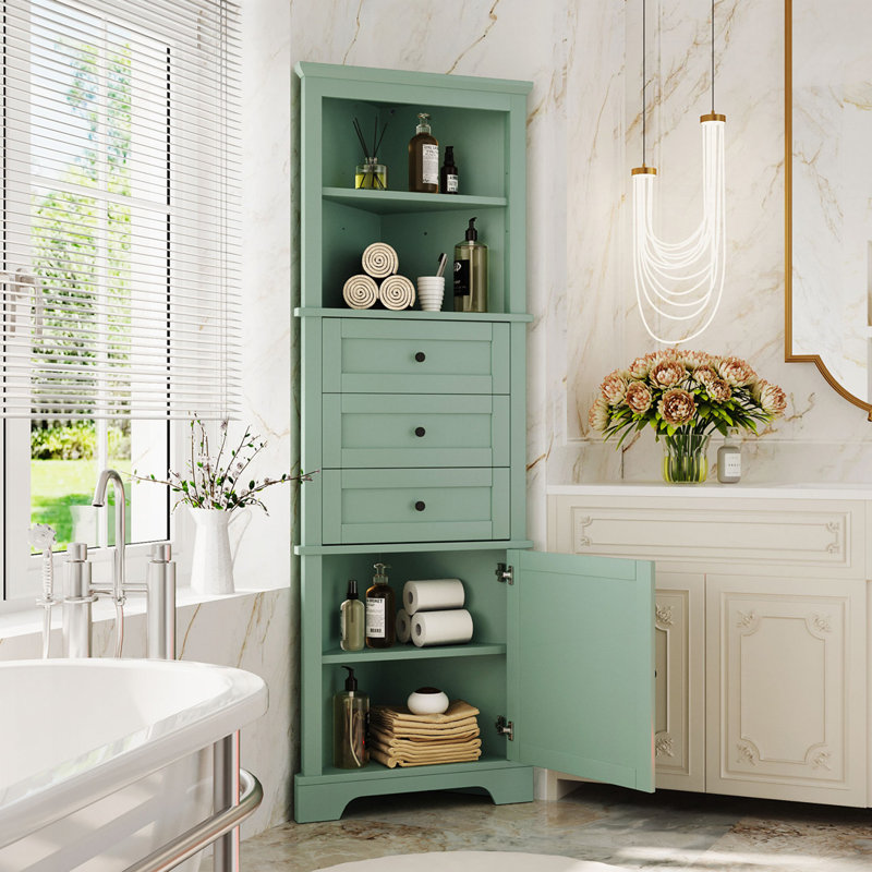 Armoire de rangement d'angle avec 3 tiroirs et tablettes réglables, Vert