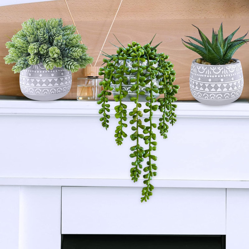 3 Pcs Assorted Small Potted Succulent Plants Artificial Aloe Hops String Of Pearls Succulents In Gray Geometric Concrete Pots