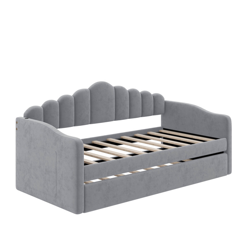 Lit de jour simple rembourré avec ports de chargement USB et couchette, Gris