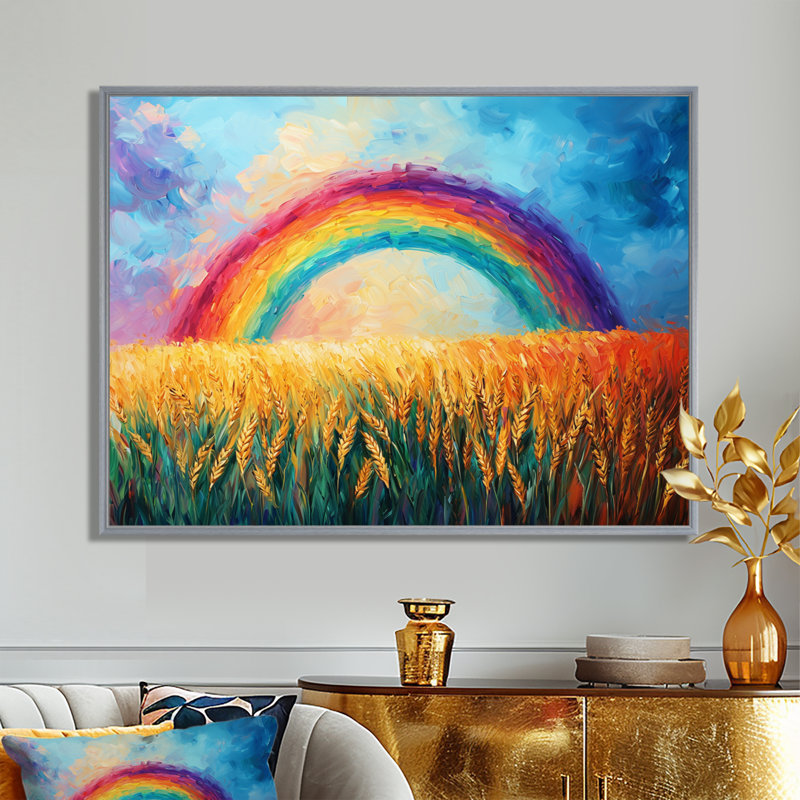 «Countryside Rainbow Over The Wheat Fields I» - art mural arc-en-ciel, Encadrement argenté, H 24 po x l 32 po