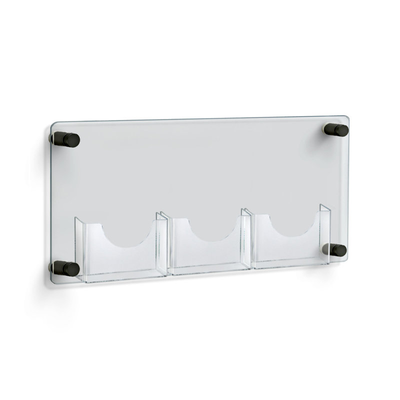 Clear Acrylic Three-Pocket Wall Mounted Brochure Holder with Black Caps