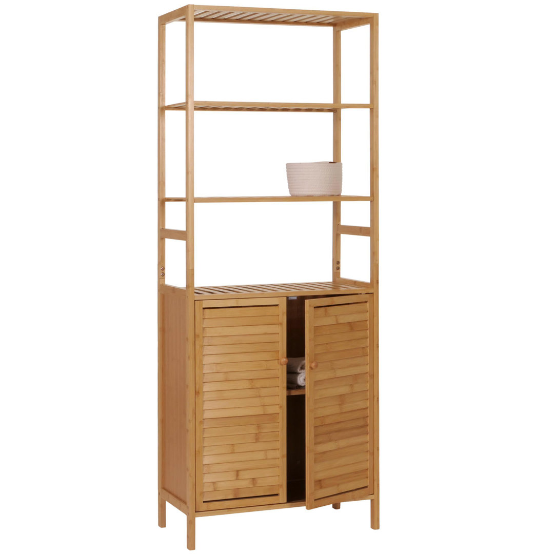 Hochschrank MCW-B18, Badschrank Badregal Schrank Regal, 2 Türen 4 Regalböden Bambus MDF 168x64x33cm