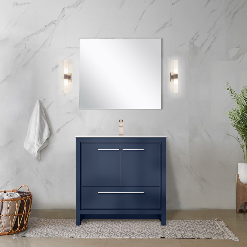 Lafarre 36" W x 20" D Single Vanity, 28" Mirror & Faucet, Navy Blue, White Cultured Marble