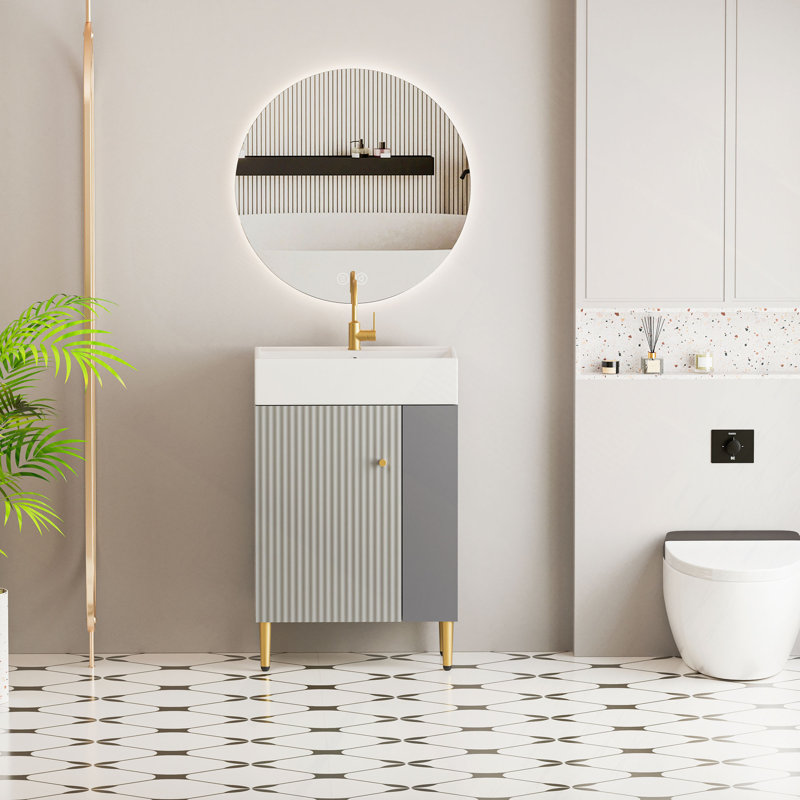 Meuble-lavabo à tablettes ouvertes 21,6 po avec lavabo en céramique, porte à fermeture en douceur, tablette de rangement droite, assemblage requis