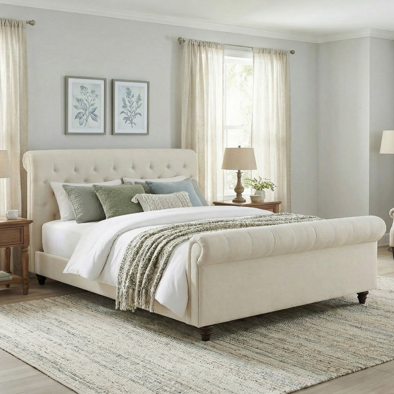 Jennifer Waverly Rolled-Arm Diamond-Tufted Upholstered Platform Bed with Birch Wood Legs, Effie Linen Performance Linen, King