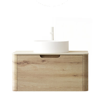 Meuble-lavabo de 30 po avec lavabo, armoire de rangement murale en contreplaqué avec tiroir, lavabo rond en céramique blanche et plateau en pierre frittée à motif de travertin Roma, pré-assemblé, couleur grain de bois de chêne blanc