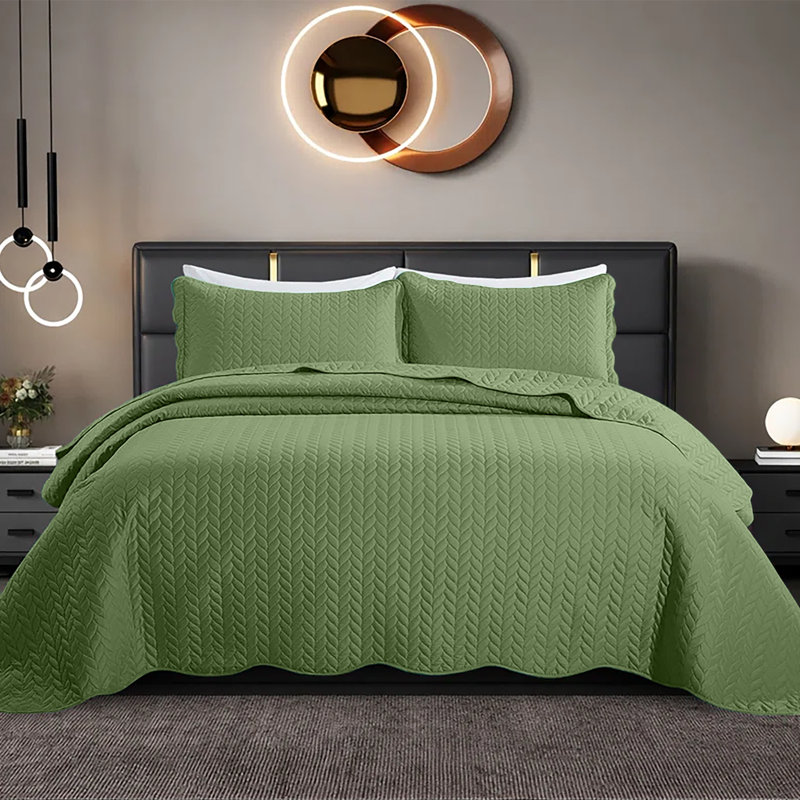 Embossed Microfiber Quilt Coverlet Set, King ( 106 Inc x 96 Inc ), Olive