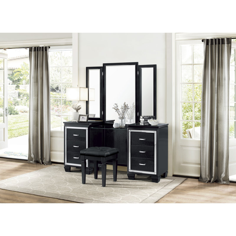 Bureau de coiffeuse avec miroir et tabouret Maletta, Noir, noir, noir, noir