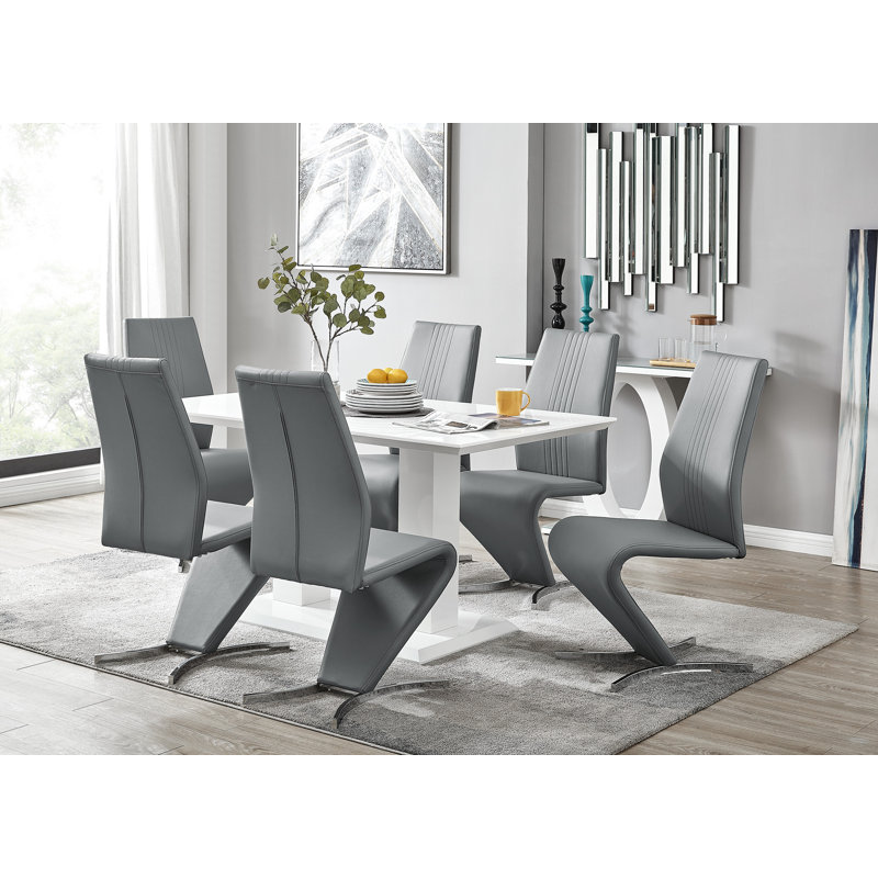 Eubanks High Gloss Double Pillar Dining Table Set with 6 Luxury Faux Leather Dining Chairs, Elephant Gray