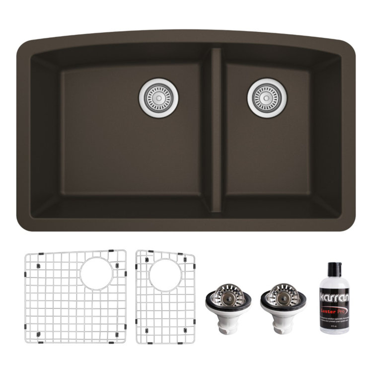 Karran Quartz 32'' X 19-1/2'' Double Bowl 60/40 Undermount Kitchen Sink Kit
