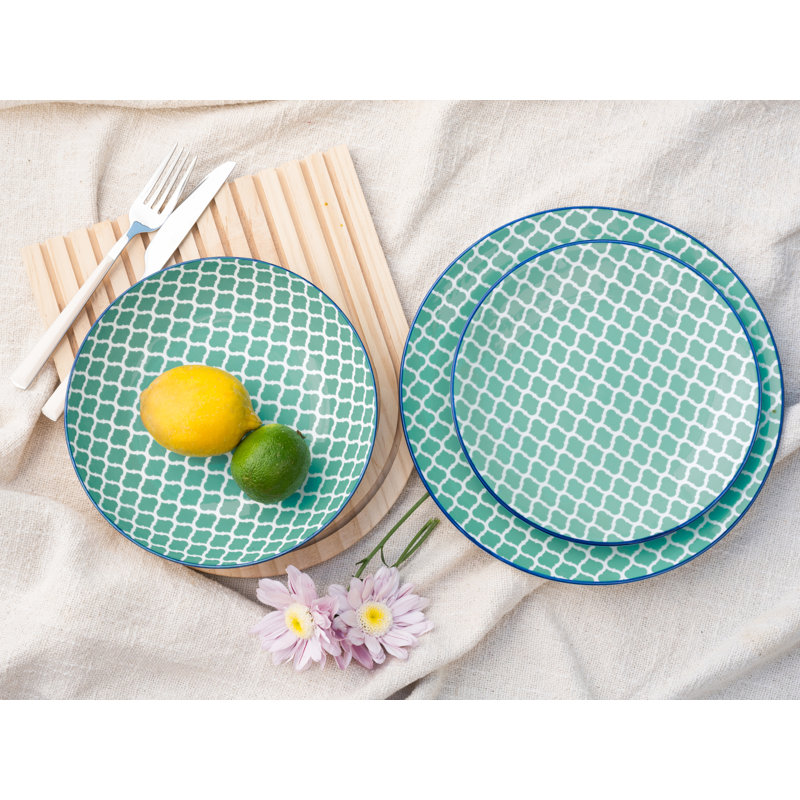 Mediterranean Stoneware Dinnerware Set Piece, Petrol and white