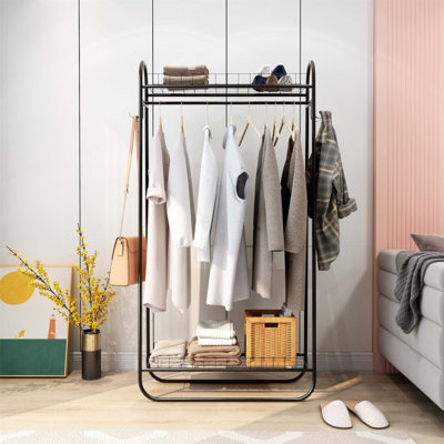 Heavy Duty Metal Rolling Clothes Rack with Double Shelves, Portable and Durable for Organized Storage