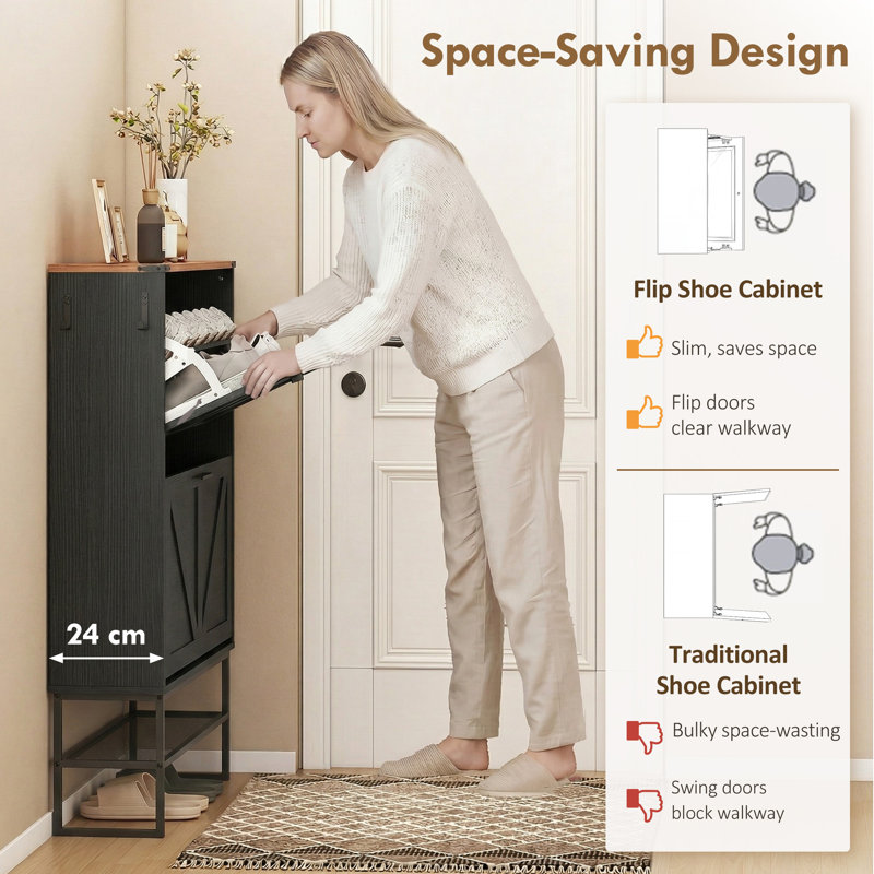 Armoire à chaussures étroite avec 2 tiroirs rabattables, Noir