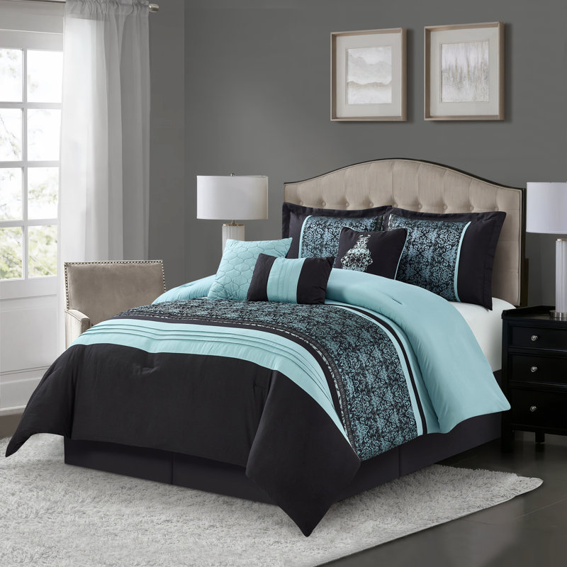 Ensemble d'édredon en microfibre 7 pièces Charley, Édredon très grand californien + 6 pièces suppl, Aqua / noir