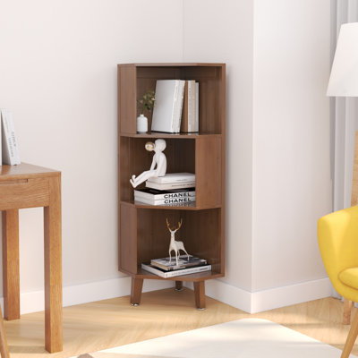 3-Tier Tall Corner Bookshelf Bookcase Bamboo Storage Display Shelf