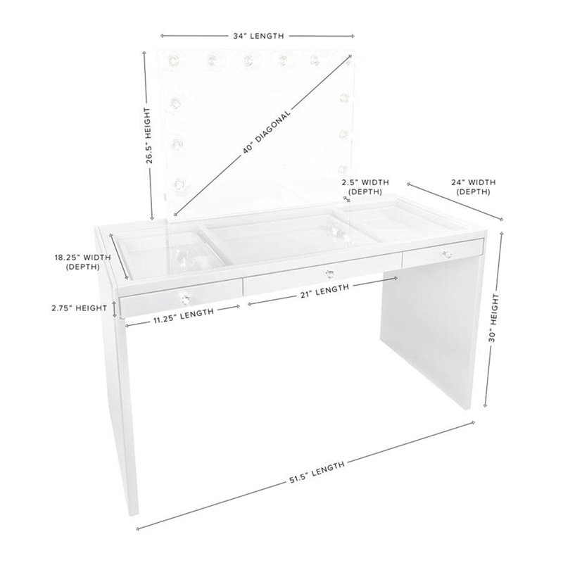 La table de coiffeuse Slay Station Plus comprend trois tiroirs avec verre transparent, Blanc