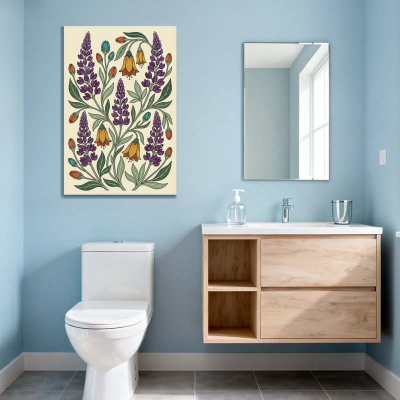 Plantes et fleurs - lupin mauve et cloche jaune, H 30 po x l 20 po
