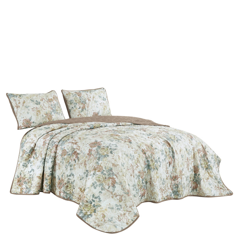 Lage Luxury 3 Piece Reversible Bedspread, Queen Coverlet / Bedspread + 2 Standard Shams, Taupe/Sage