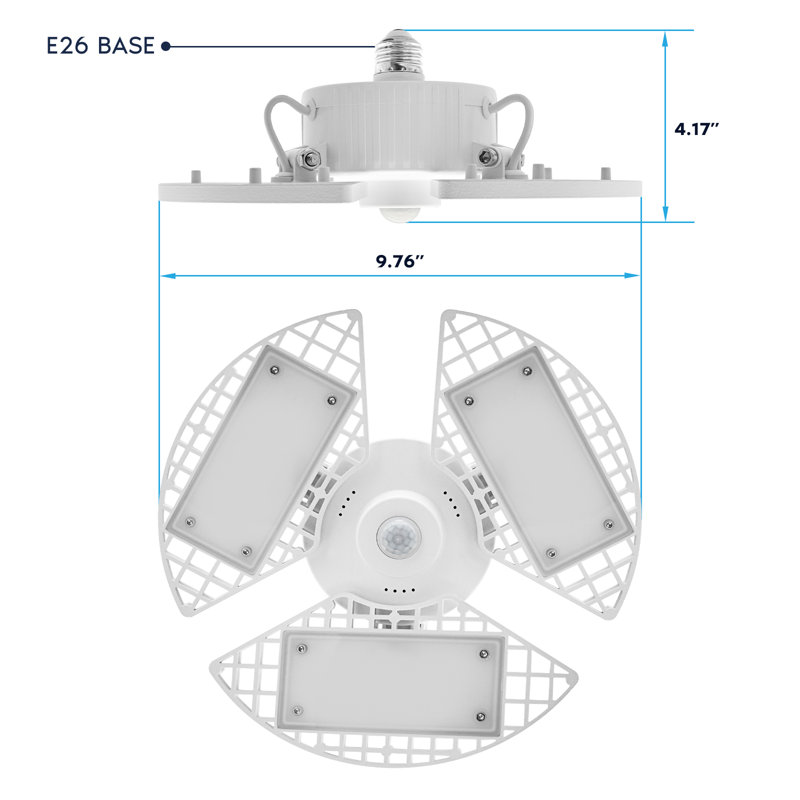 Luminaire de garage à DEL Luxrit avec capteur de mouvement PIR, blanc éclatant 5000K, 80W, 8000 lumens, base E26, 3 panneaux déformables 45 ° à 90 °, homologué ETL