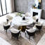 Table de cuisine ronde 59 po 59 po, paresseux à 360 degrés, pierre frittée résistante aux taches et aux chocs, luxe américain, 8 places, table de salle à manger blanc doré avec plateau tournant en pierre, espace compact, design,