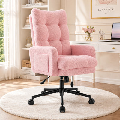 High-Back Ergonomic Office Chair with Adjustable Lumbar Support, Thick Padding, and Storage Pockets - Teddy Fleece or Cat-Resistant Leather