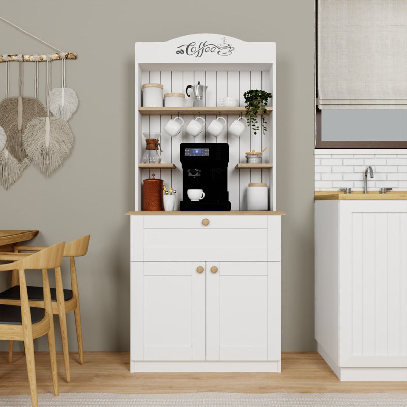 Modern White Coffee Stand with Numerous Shelves, 31.5 x 70.9 x 16.5 inches | 100% Melamine Coated Particle Board, Thickness: 0.7 inches | Wall-Fixable, Scandinavian Design for Stylish Home Decor