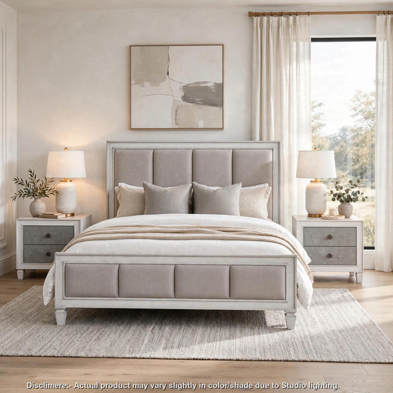 Ensemble de chambre à coucher King, design rembourré, gris et blanc, 3 pièces avec 2 tables de chevet
