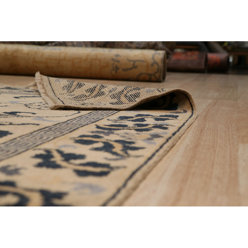 Ivory Hand-Knotted Wool Stylized Floral Symmetry Geometric Modern Contemporary Carpet Rug, 6' x 9'