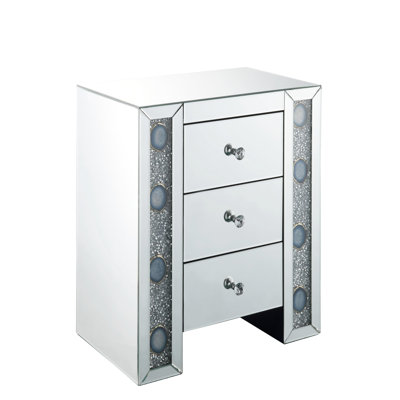 Mirrored Night Table With 3 Drawers, Beveled Finish, Clear Glass Faux Agate Inlay, Sled Base, 26.08 In Height, 14.15 Depth Stone Finish Table, Drawers Glide Side Metal, French Front, Crystal - Like