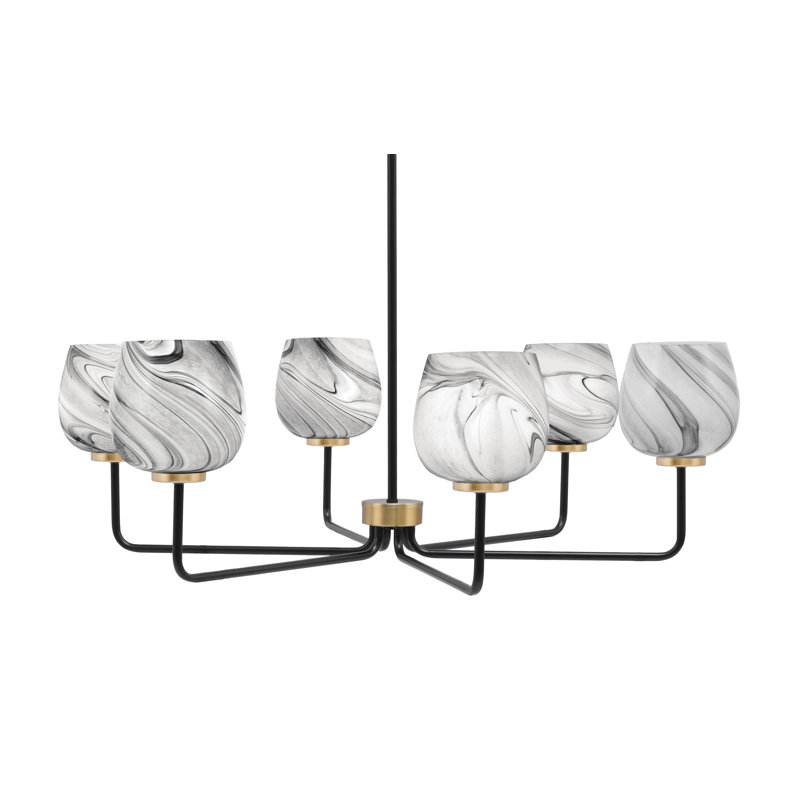 Lustre 6 lumières Amarmula, noir mat et laiton vieilli, verre tourbillon onyx 6 po, Noir/laiton