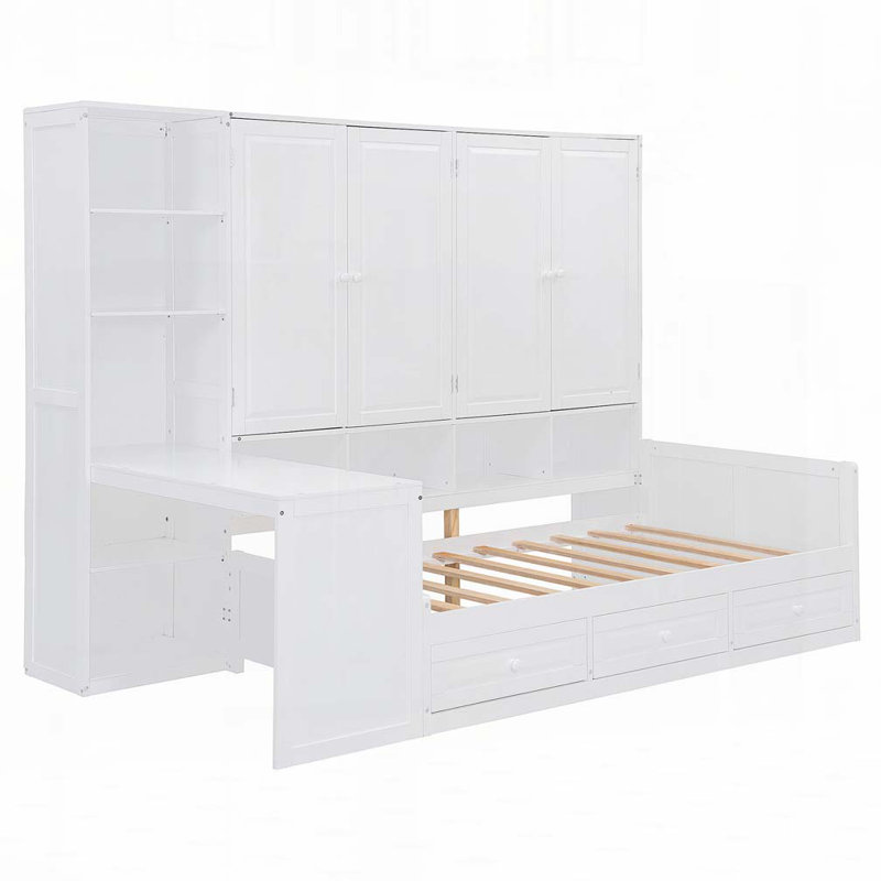 Lit de jour à 3 tiroirs avec bureau, armoire de rangement, bibliothèque, armoire, Lit simple, Blanc