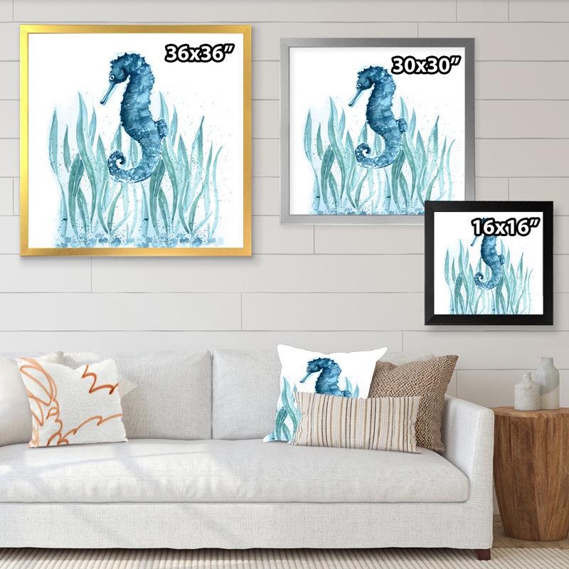 Blue Art Seahorse - on, Toile avec cadre noir, H 16 po x l 16 po x P 1 po
