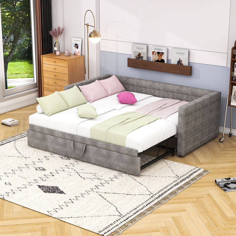 Lit de jour simple rembourré avec design extensible de taille simple à très grand, Gris
