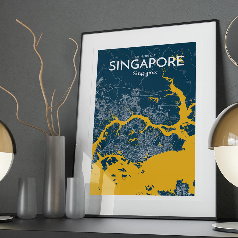 Carte de la ville de Singapour, impression, Bleu / jaune, H 36 po x l 24 po