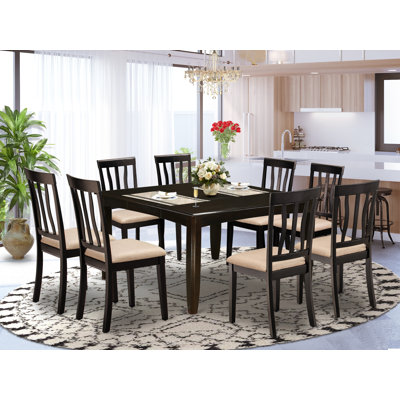 9 Piece Modern Dining Table Set Includes a Square Wooden Table with Butterfly Leaf and 8 Linen Fabric Dining Room Chairs, Cappuccino